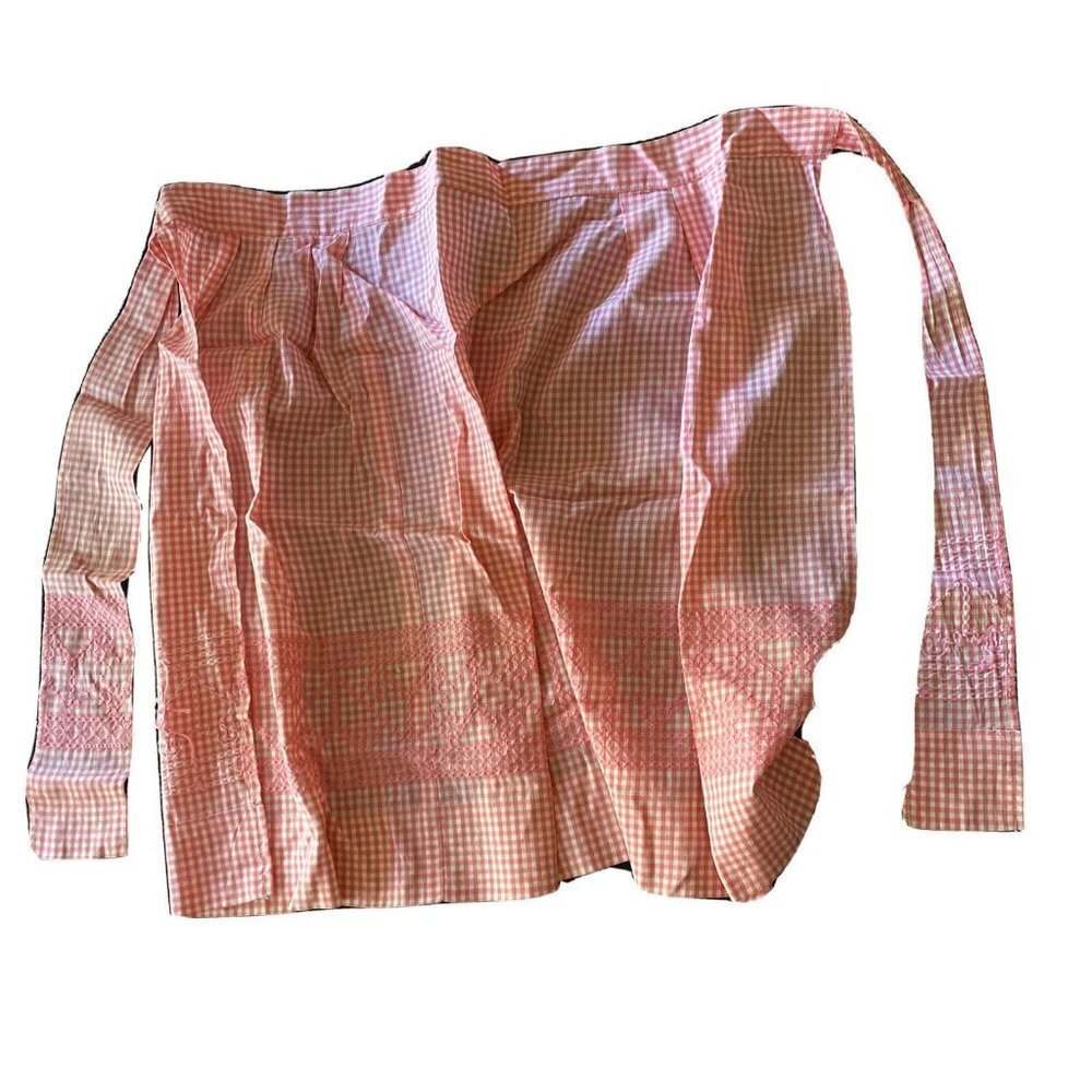Apron‎ Pink Gingham Vintage Half Smocked Pleated Retro Kitchen Tie Back